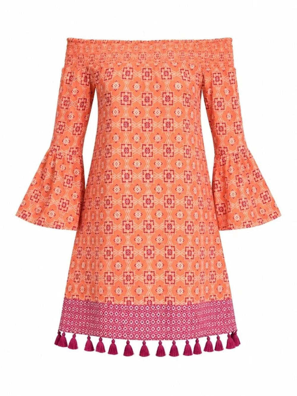 Cabana Life Orange Boho Off Shoulder Dress | Tassel Bell Sleeve Summer Mini-L